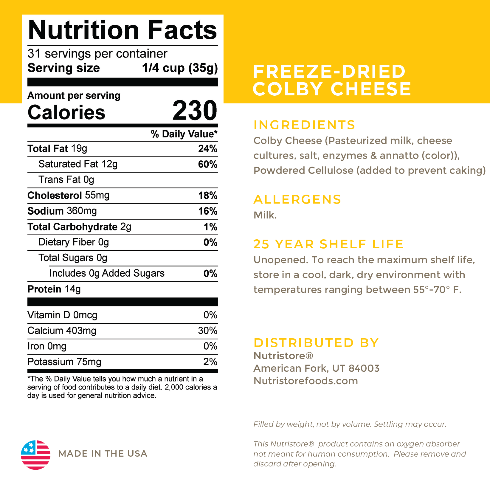 Colby Cheese Freeze Dried - #10 Can - Food Storage