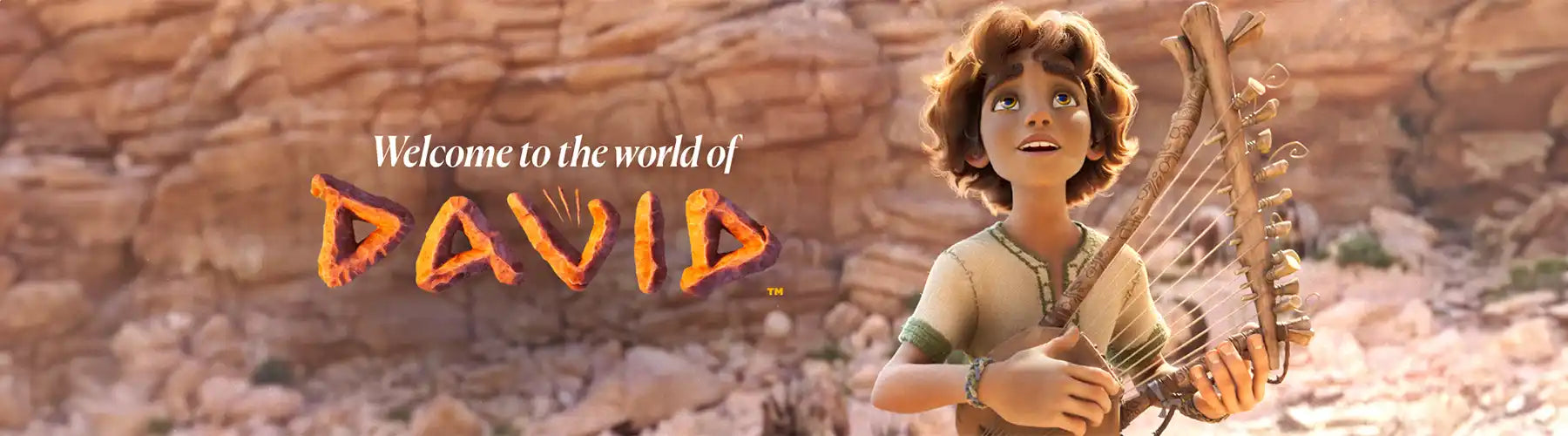 A promotional banner for an animated film titled ’David’ featuring a young character holding a sling.